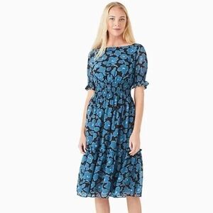 Kate Spade whimsical Floral puff sleeve peacock Blue Dress S
